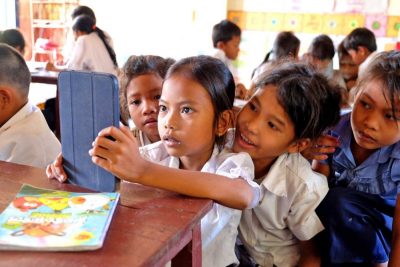 Cambodian students in the school library during a weekly reading session.