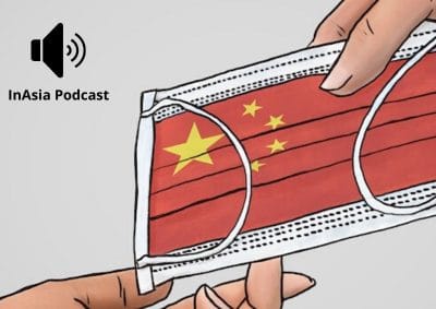 graphic: drawing of two hands passing Chinese-flag themed facemask with audio symbol in opposite corner