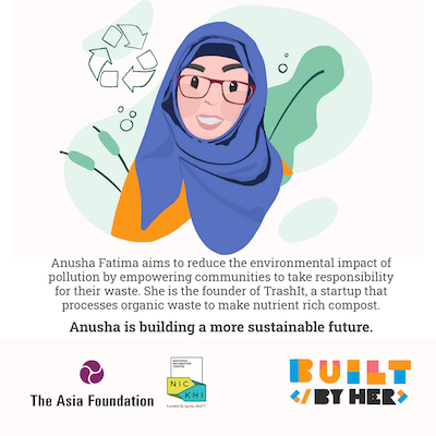 Social media card featuring a woman in hijab. Text: Anusha Fatima aims to reduce the environmental impact of pollution by empowering communities to take responsibility for their waste. She is the founder of TrashIt, a startup that processes organic waste to make nutrient rich compost. Anusha is building a more sustainable future.