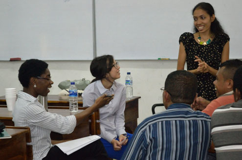 Stanford law students and TLLEP members Jackie Iwata (second from left) and Hamida Owusu (left) conduct a focus group with UNTL law students on legal education in Timor-Leste.